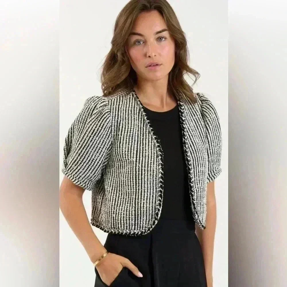 Sundays Bouclé Cropped Puff Sleeve Jacket - Size XS